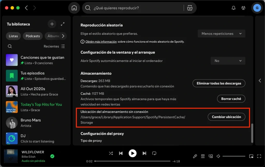 Ubicación de Spotify sin conexión