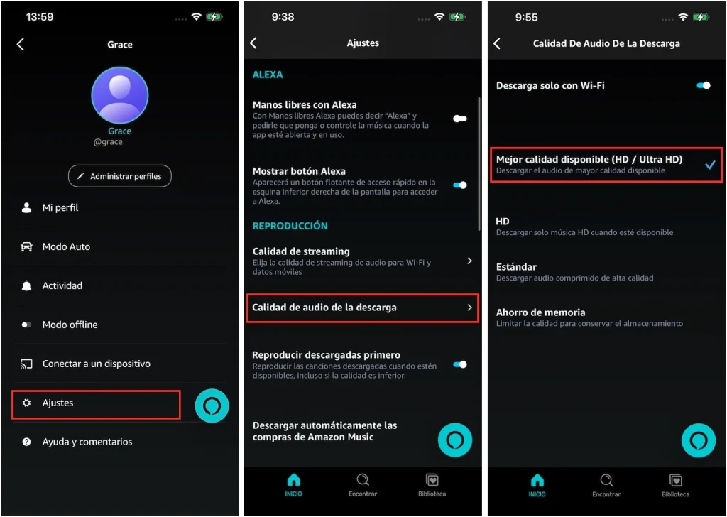 Calidad de descarga de Amazon Music en dispositivos m&oacute;viles