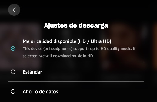 Calidad de descarga de Amazon Music