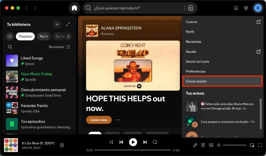 Cerrar sesión en Spotify de escritorio