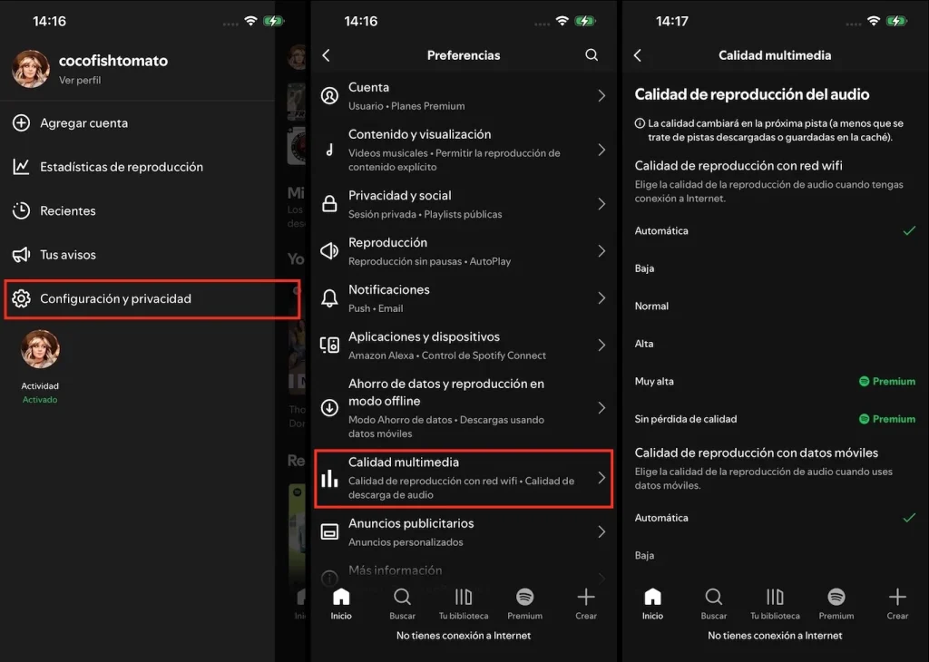 Calidad de audio de Spotify en dispositivos móviles