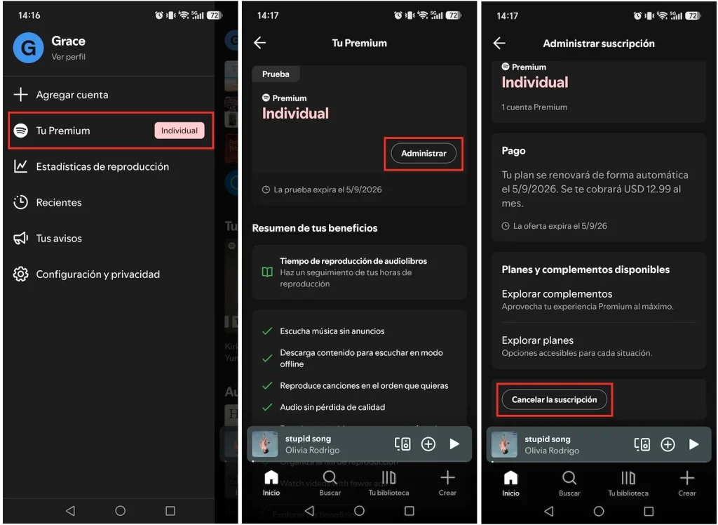 Cancelar Spotify Premium móvil