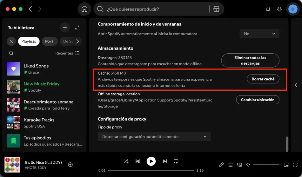 Borrar caché de Spotify