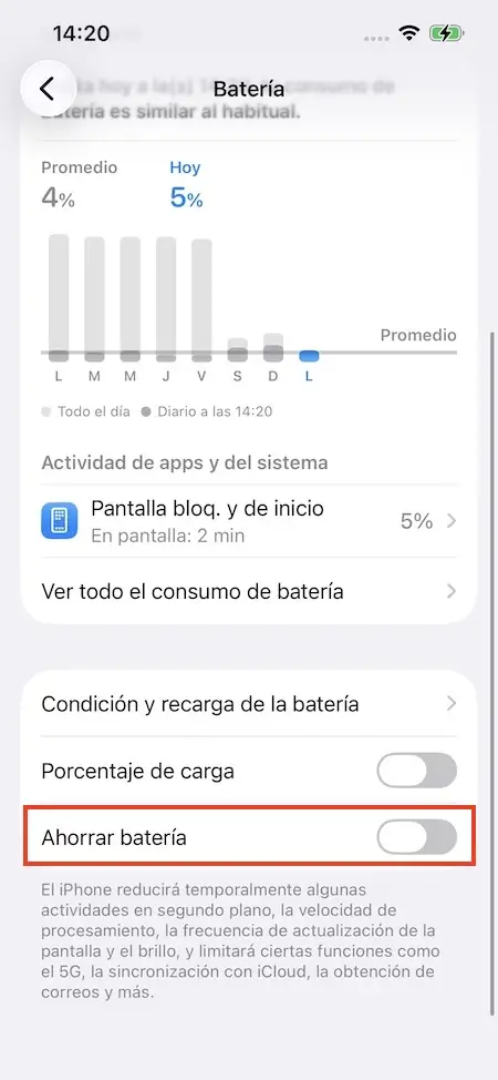 Desactiva el modo de bajo consumo en el iPhone