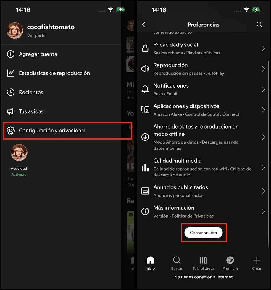 Cerrar sesión en Spotify móvil