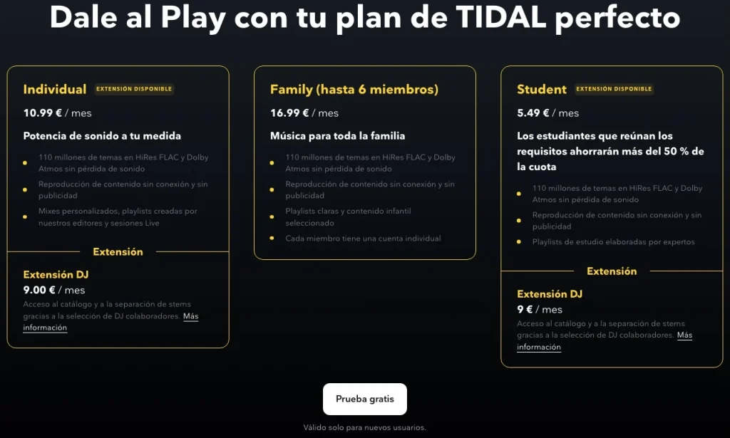 Precios de Tidal