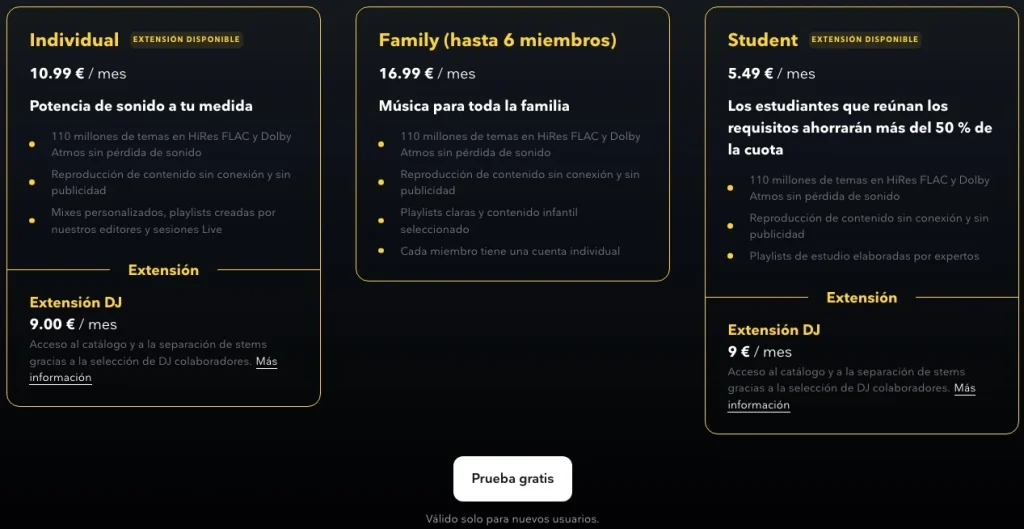 Precios de Tidal
