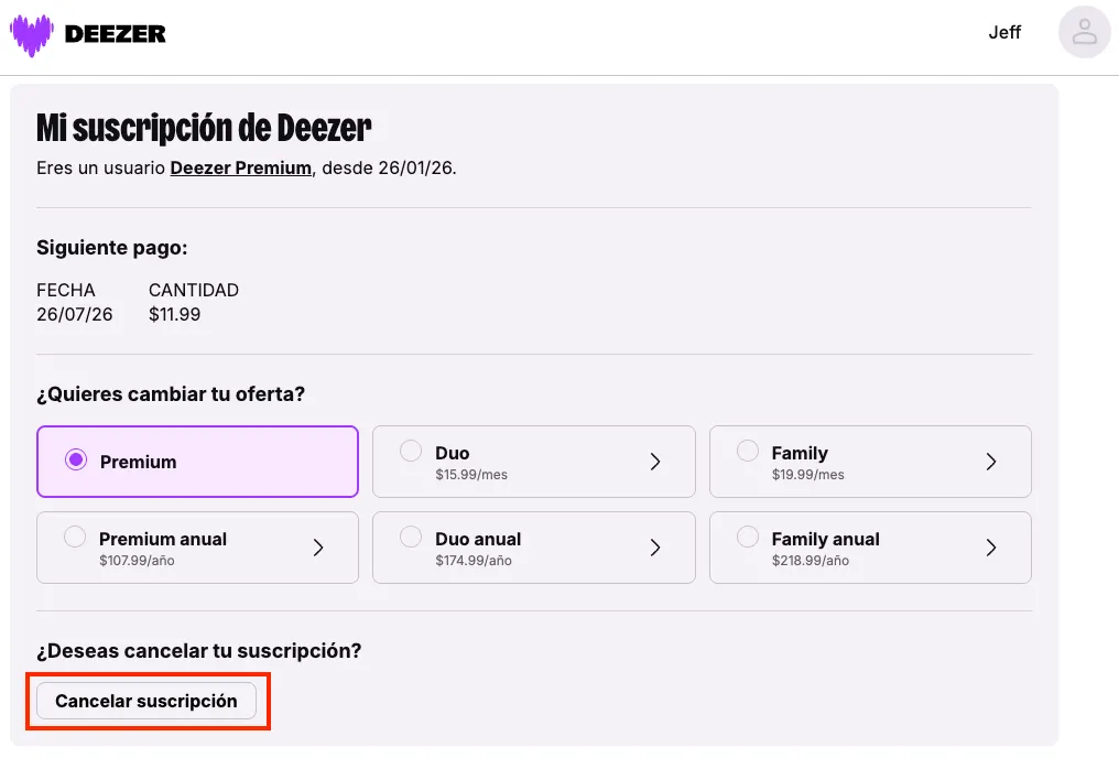 Cancelar la suscripción a Deezer en el ordenador