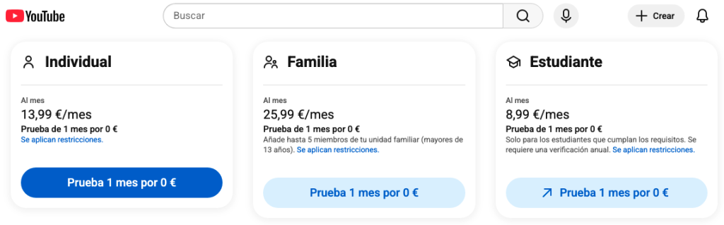 Precio de YouTube