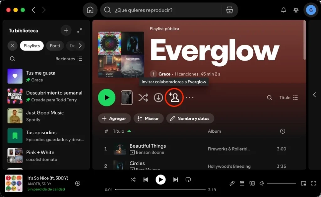 Playlist colaborativa de Spotify en la computadora