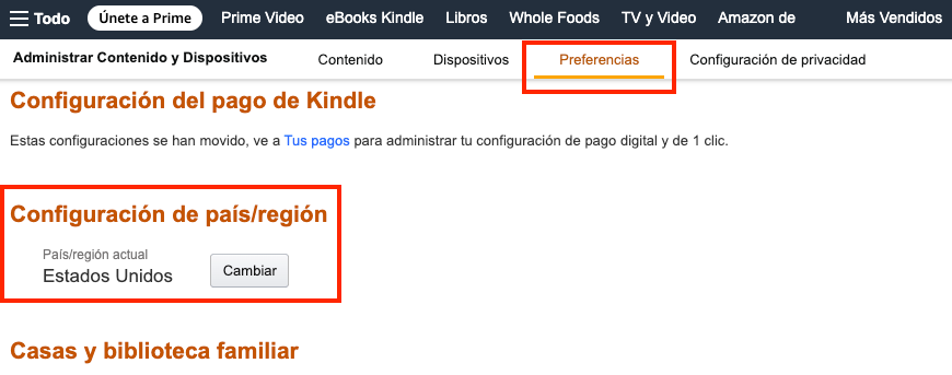 Cambiar país/región de Amazon