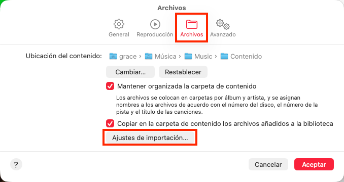Apple Music Ajustes de importación