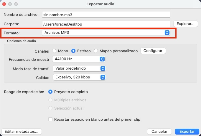 Audacity: Exporar audio MP3