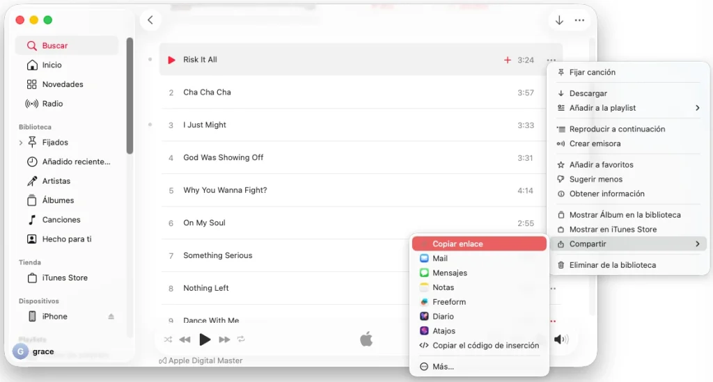 Copiar enlace de la canci&oacute;n de Apple Music