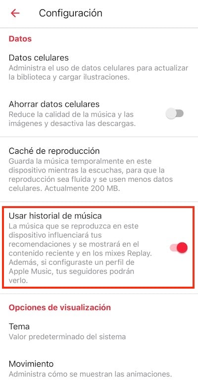 Usar historial de m&uacute;sica