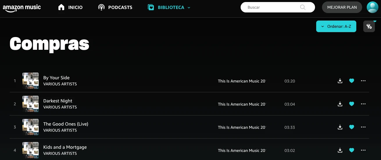 Canciones compradas en Amazon Music