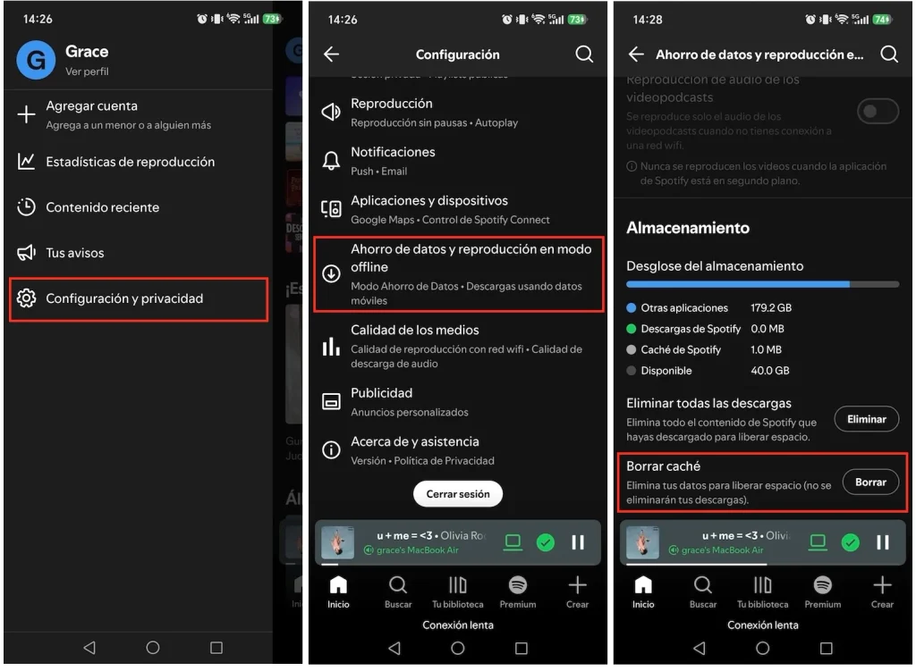 borrar la cach&eacute; de Spotify