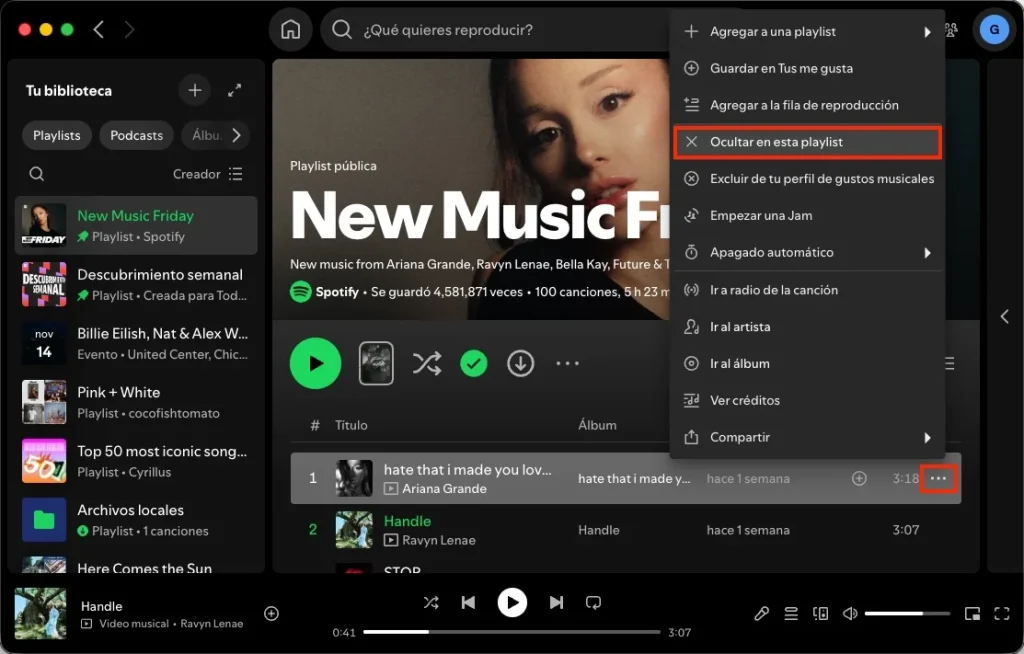 Ocultar una canción en la aplicación de escritorio de Spotify