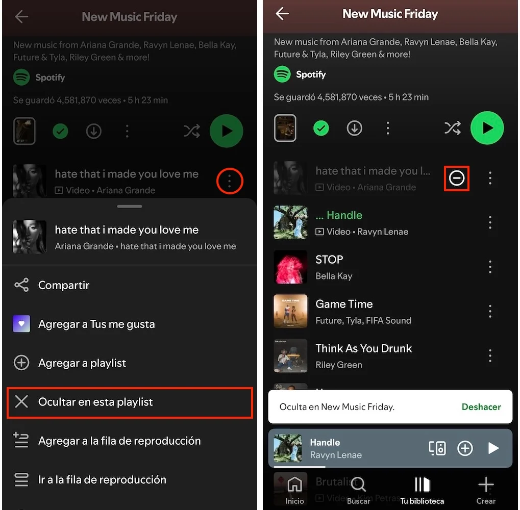 Ocultar una canción en la aplicación móvil de Spotify