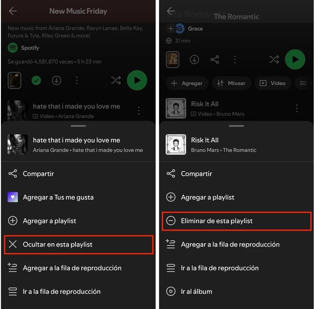 Ocultar vs. Eliminar una canción en Spotify