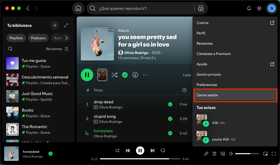 cerrar sesi&oacute;n en Spotify para escritorio