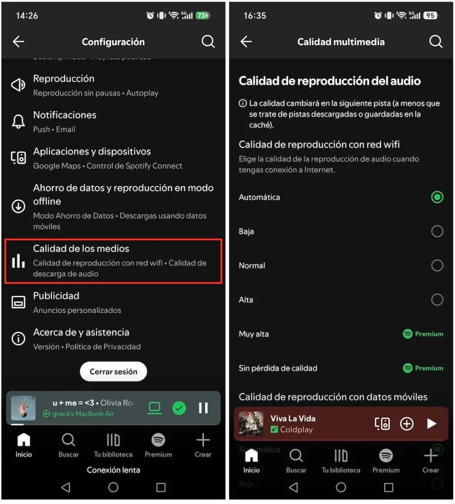cambiar la calidad de audio de Spotify