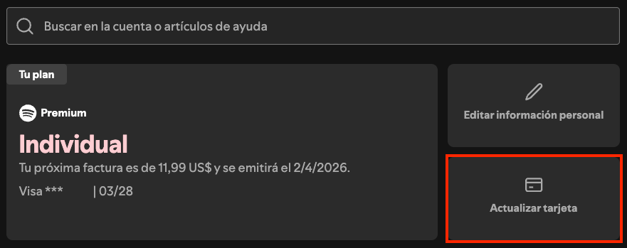 Update payment card Spotify