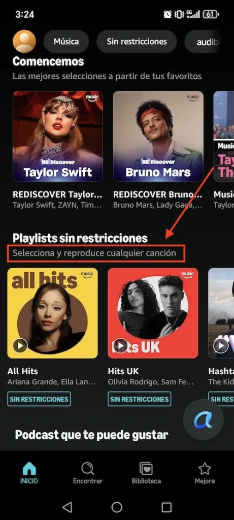 Playlists sin restricciones de Amazon Music
