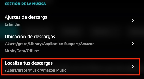 Ubicaci&oacute;n de descarga de Amazon Music
