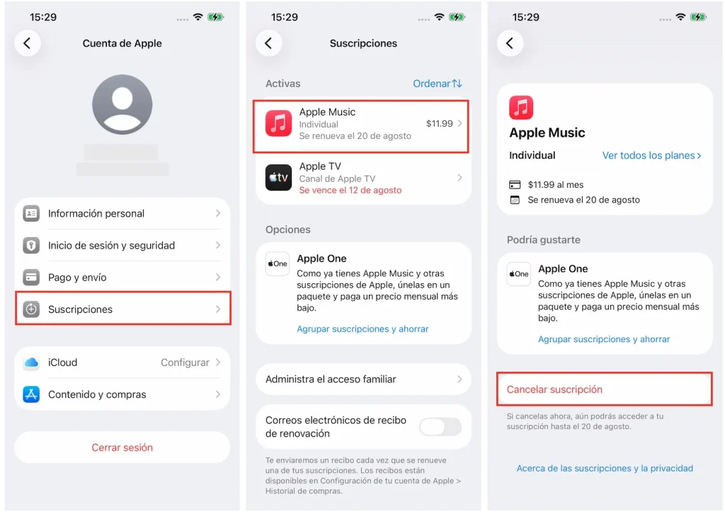 Cancelar Apple Music en los ajustes del iPhone
