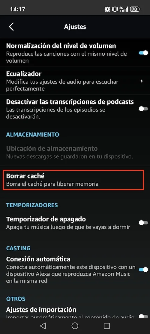 Borrar caché de Amazon Music