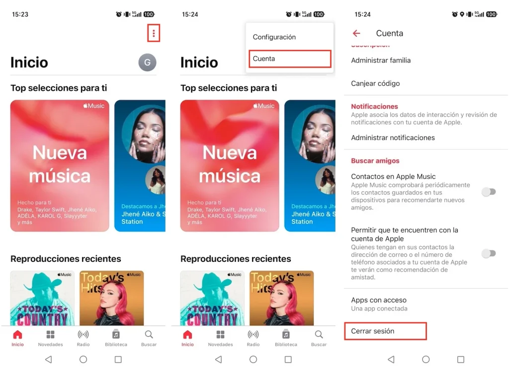 Cerrar sesión en Apple Music en Android