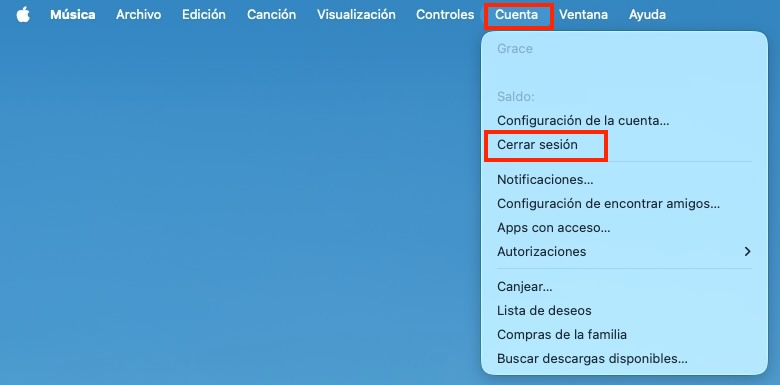 Cerrar sesión en Apple Music en Mac