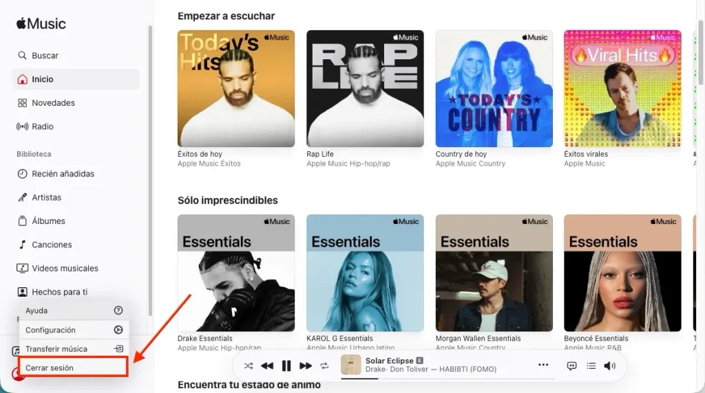 Cerrar sesión en Apple Music en el reproductor web