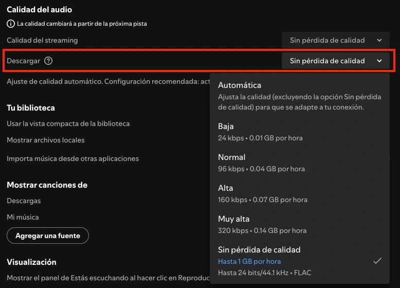 calidad de audio de las descargas de Spotify