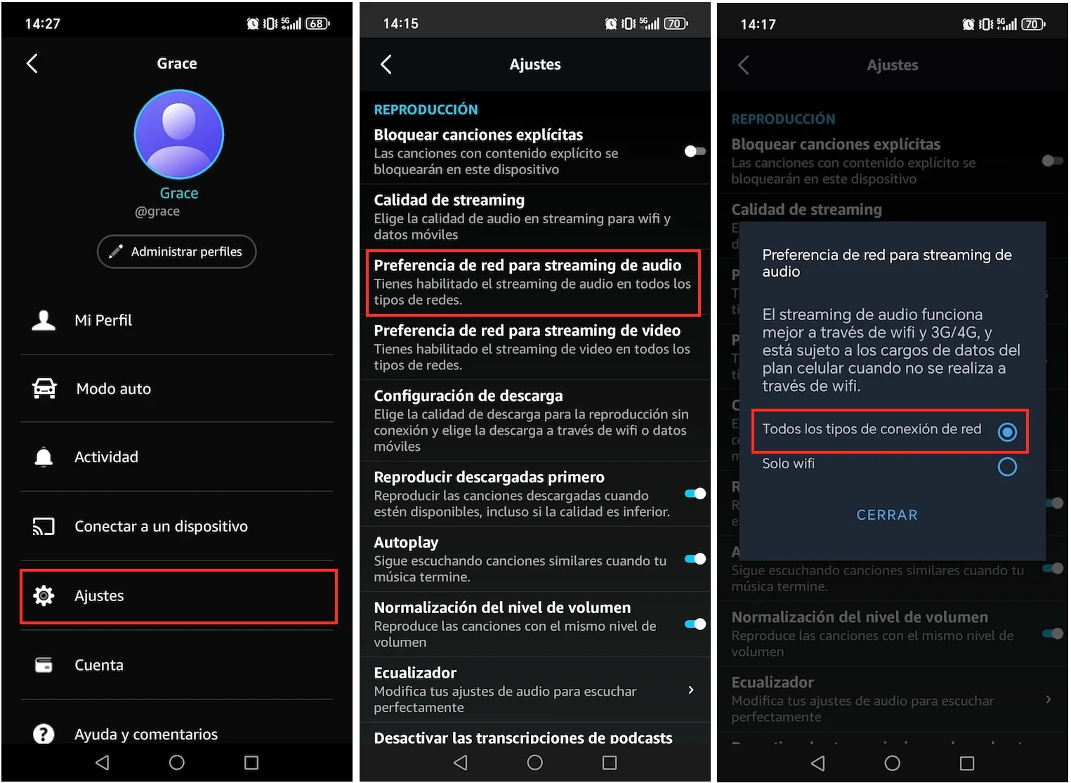 Preferencia de red para streaming de audio