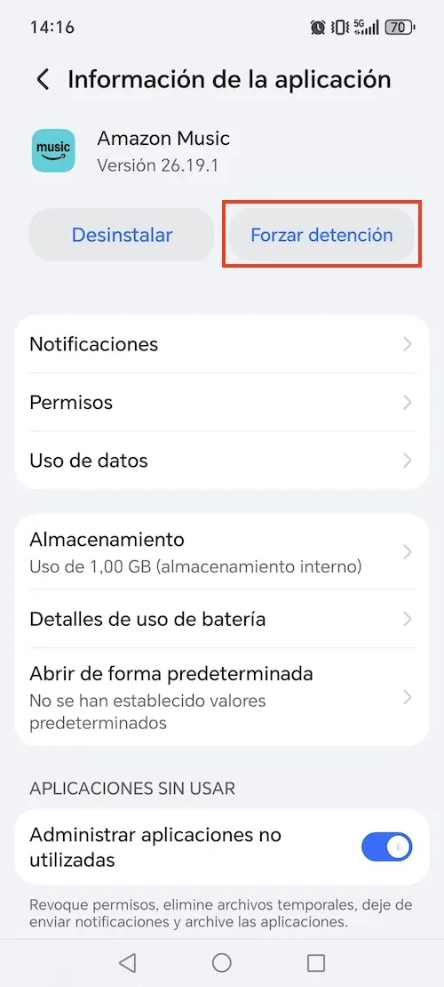 Amazon Music app Forzar detención