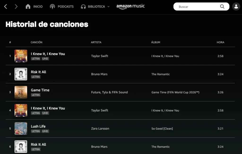 Historial de canciones en Amazon Music