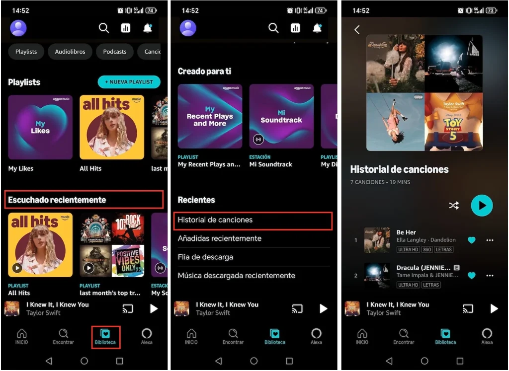 Historial de Amazon Music en dispositivos móviles