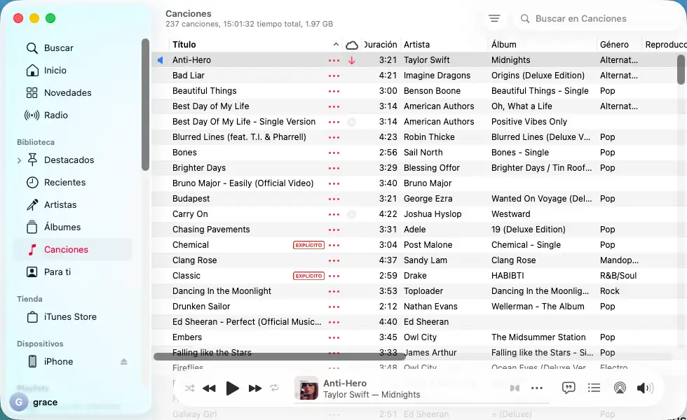 Orden de las canciones en la biblioteca de Apple Music