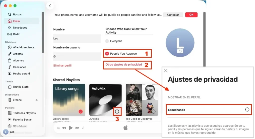Configuraci&oacute;n de privacidad del perfil de Apple Music