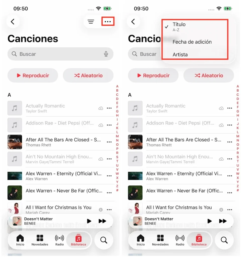Orden de las canciones en la biblioteca de Apple Music iPhone