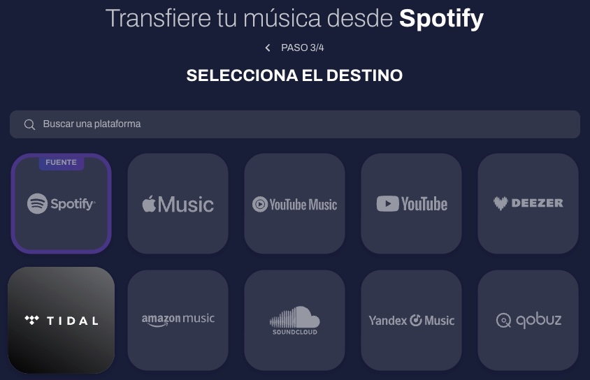 Elegir Tidal como destino