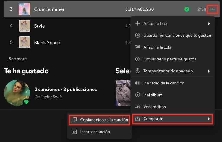 Copiar enlace de la canci&oacute;n de Spotify