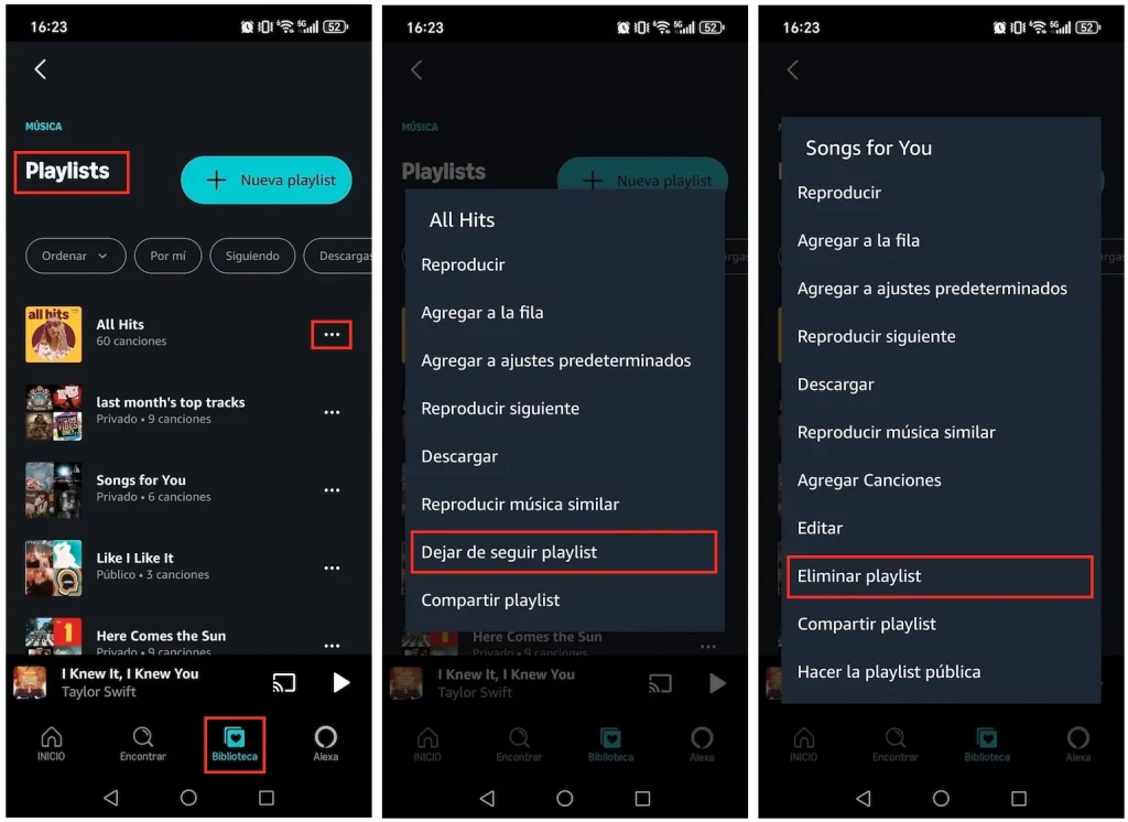 Eliminar playlists en la aplicación móvil de Amazon Music