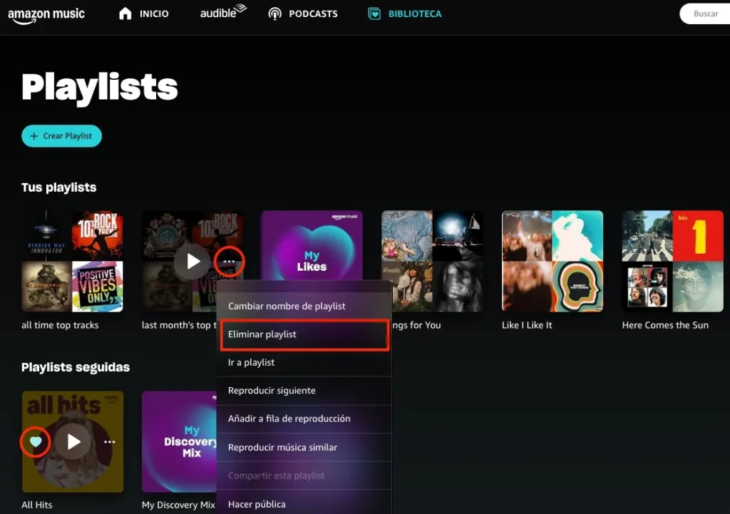 Eliminar playlists en el reproductor web de Amazon Music