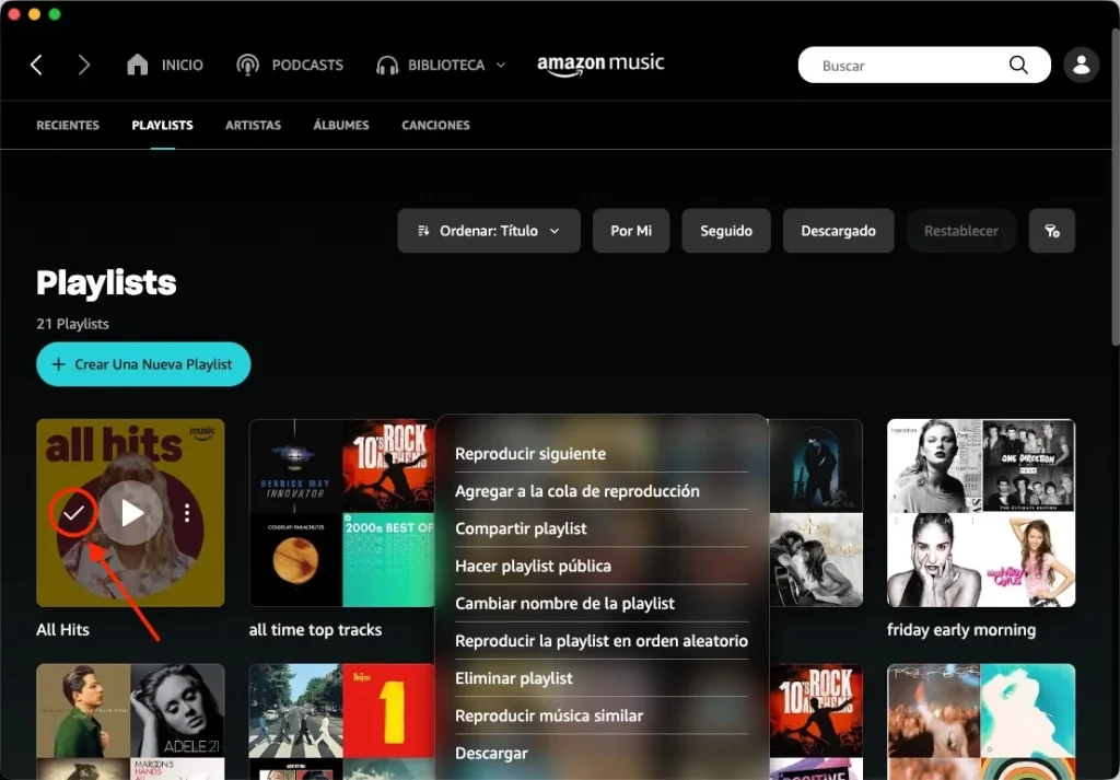 Eliminar una playlist creada por otros en Amazon Music