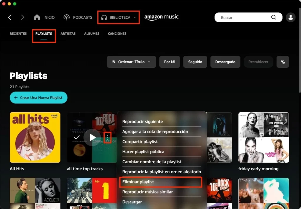 Eliminar una playlist que hayas creado en Amazon Music