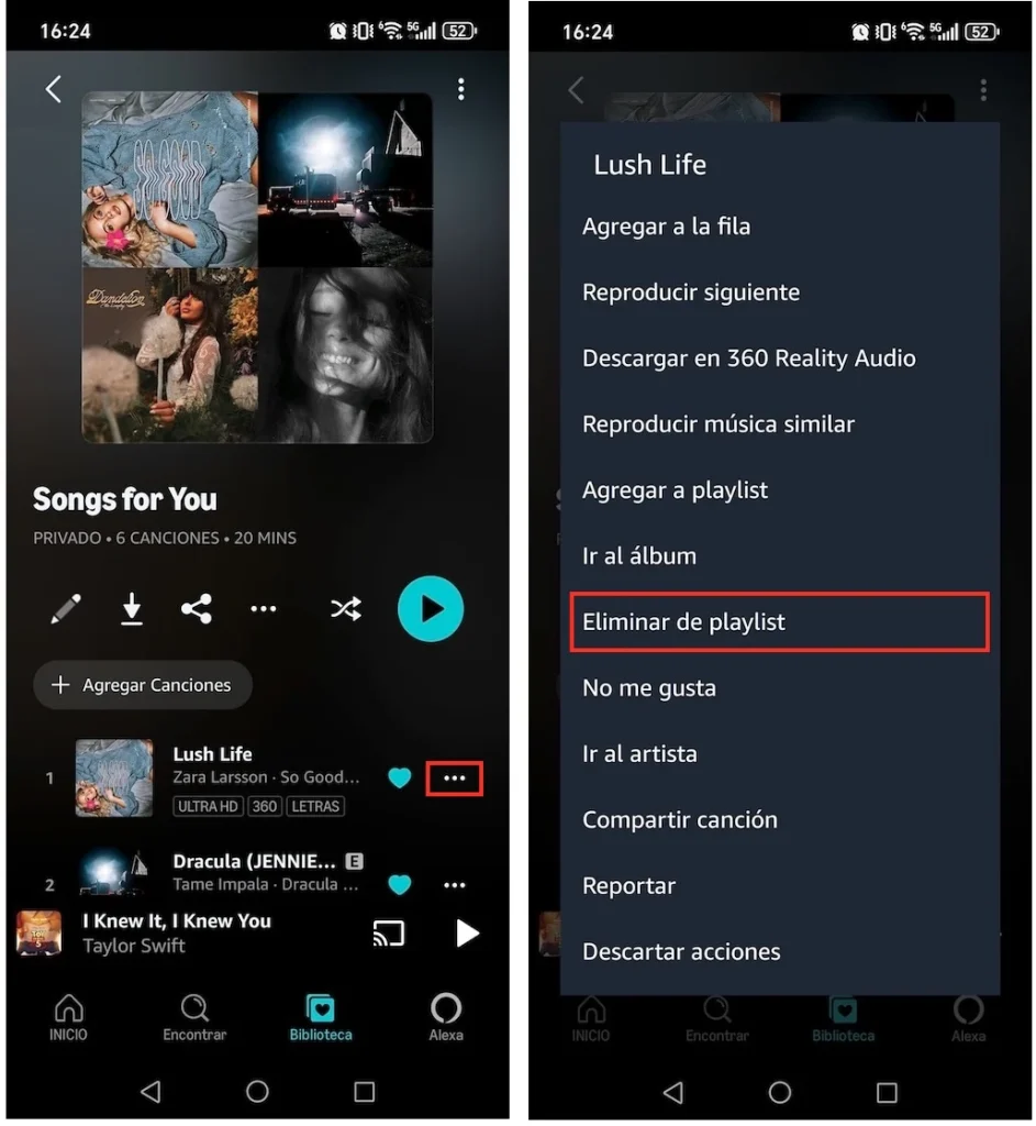 Eliminar una canción de una playlist en el celular