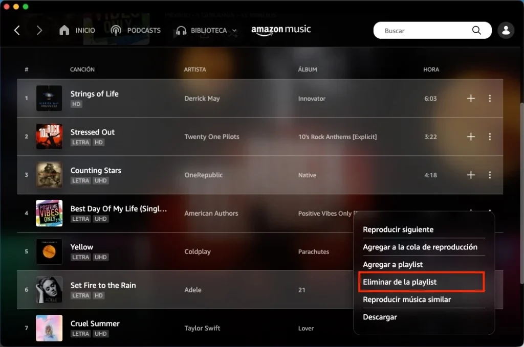 Eliminar varias canciones de una playlist de Amazon Music